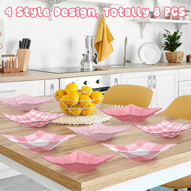 FoldTier 8 Pcs Microwave Bowl Cozy Holders, Pink Plaid Stripe Cotton Quilted Reusable Hot Pads Soup Bowl Potholders Heat Resistant Grip, Housewarming Gift Kitchen Accessories for Hot Food Plates - Image 4
